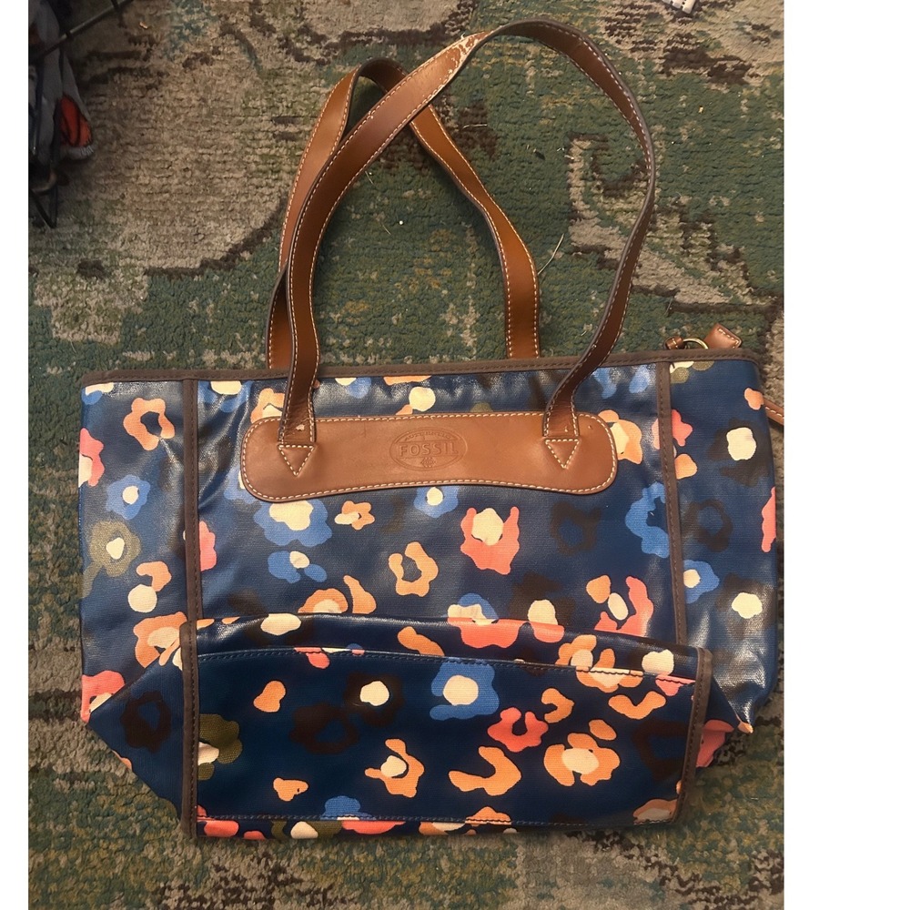 Fossil Key-Per Coated Canvas Floral Leopard Print Tote Bag Blue Tan Multicolored
